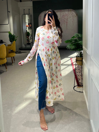 White Color Floral Printed Georgette Material Naira Cut Kurti Clothsvilla