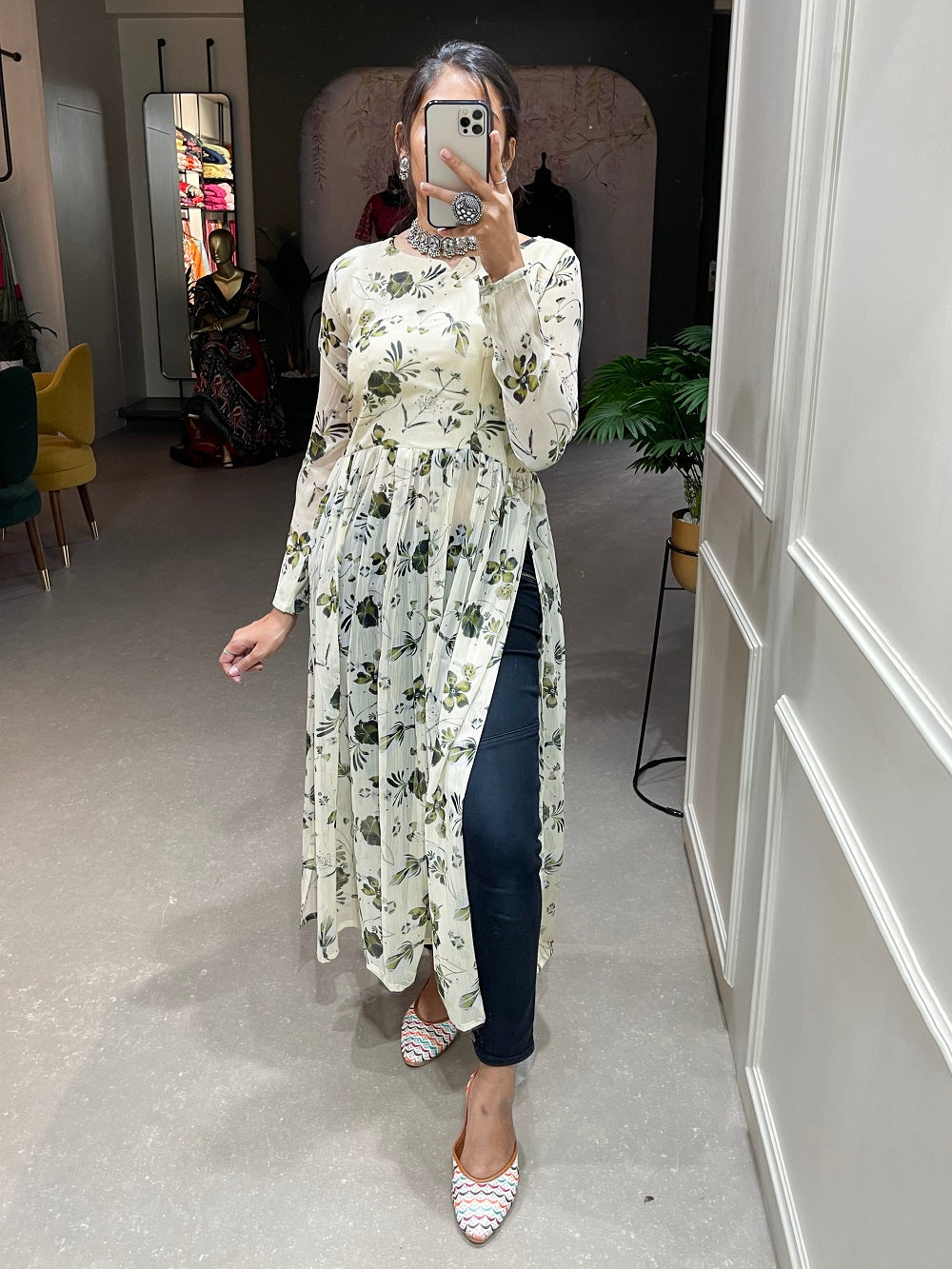 White Color Floral Printed Chiffon Naira Cut Kurti Clothsvilla
