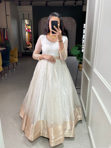 White Color Zari Weaving Work Organza Chex Gown Clothsvilla