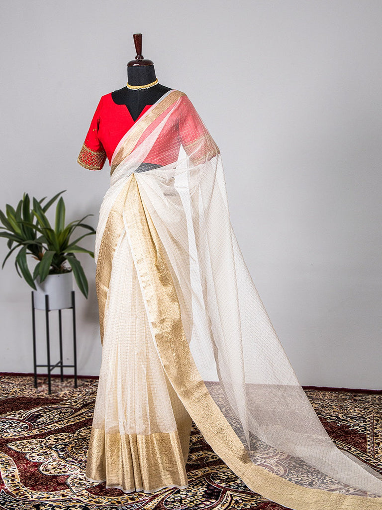 White Color Weaving Zari Work Organza Chex saree Clothsvilla