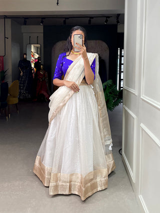White Color Zari Weaving Work Organza Lehenga Choli ClothsVilla.com