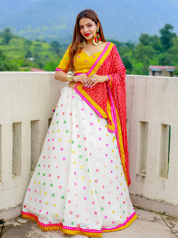 White Color Paper Mirror Work with Lace Border And Pure Cotton Lahenga Clothsvilla