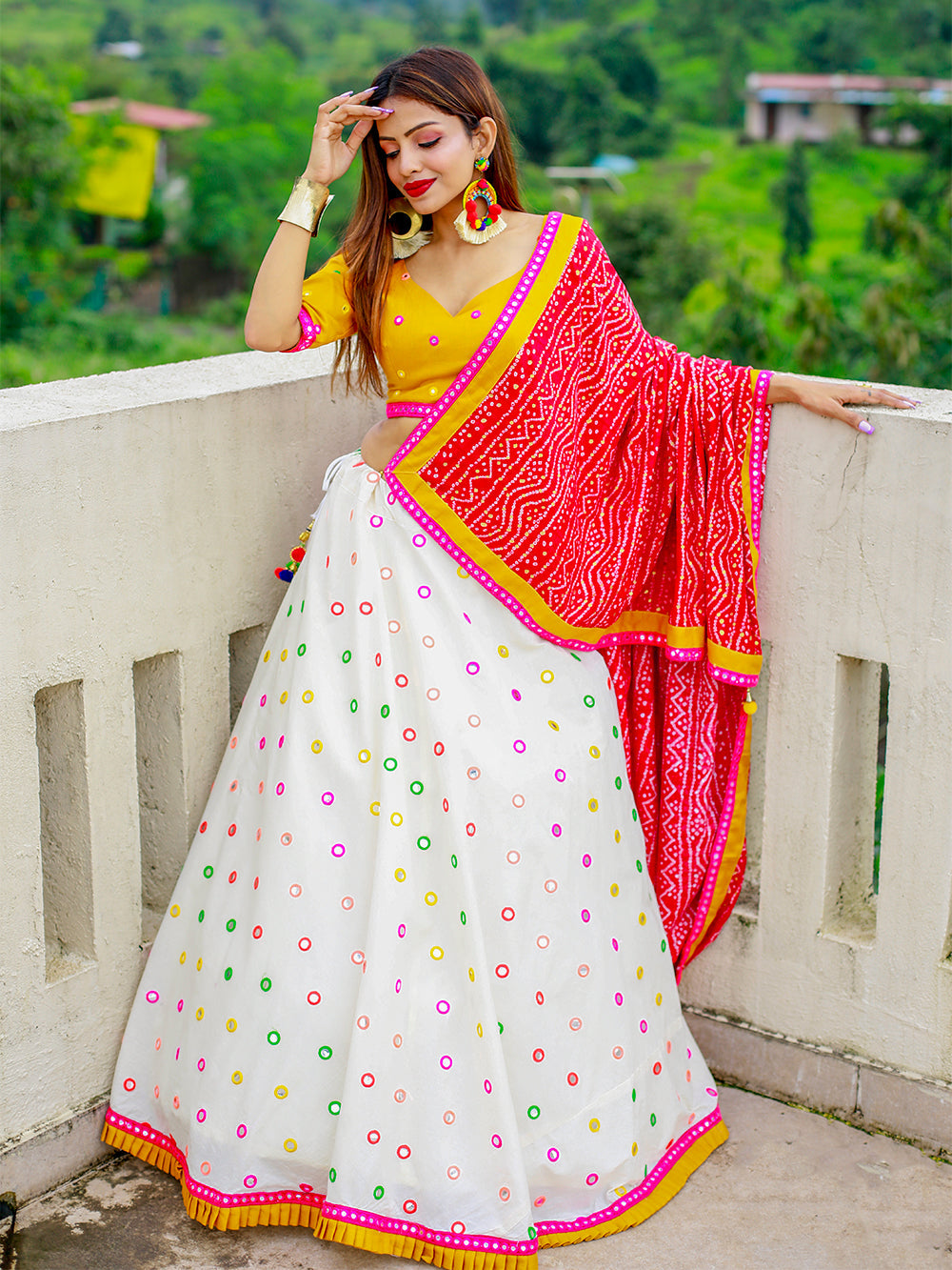 White Color Paper Mirror Work with Lace Border And Pure Cotton Lahenga Clothsvilla