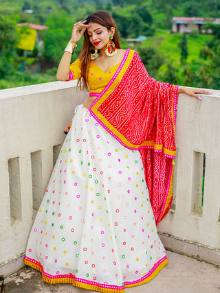 White Color Paper Mirror Work with Lace Border And Pure Cotton Lahenga Clothsvilla