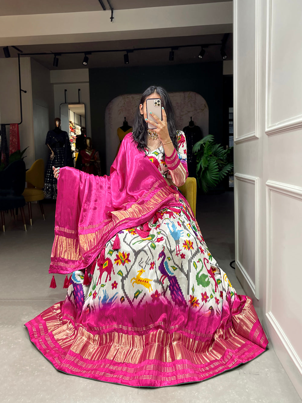 White Color Ikkat Patola Printed Gaji Silk Lehenga Choli ClothsVilla