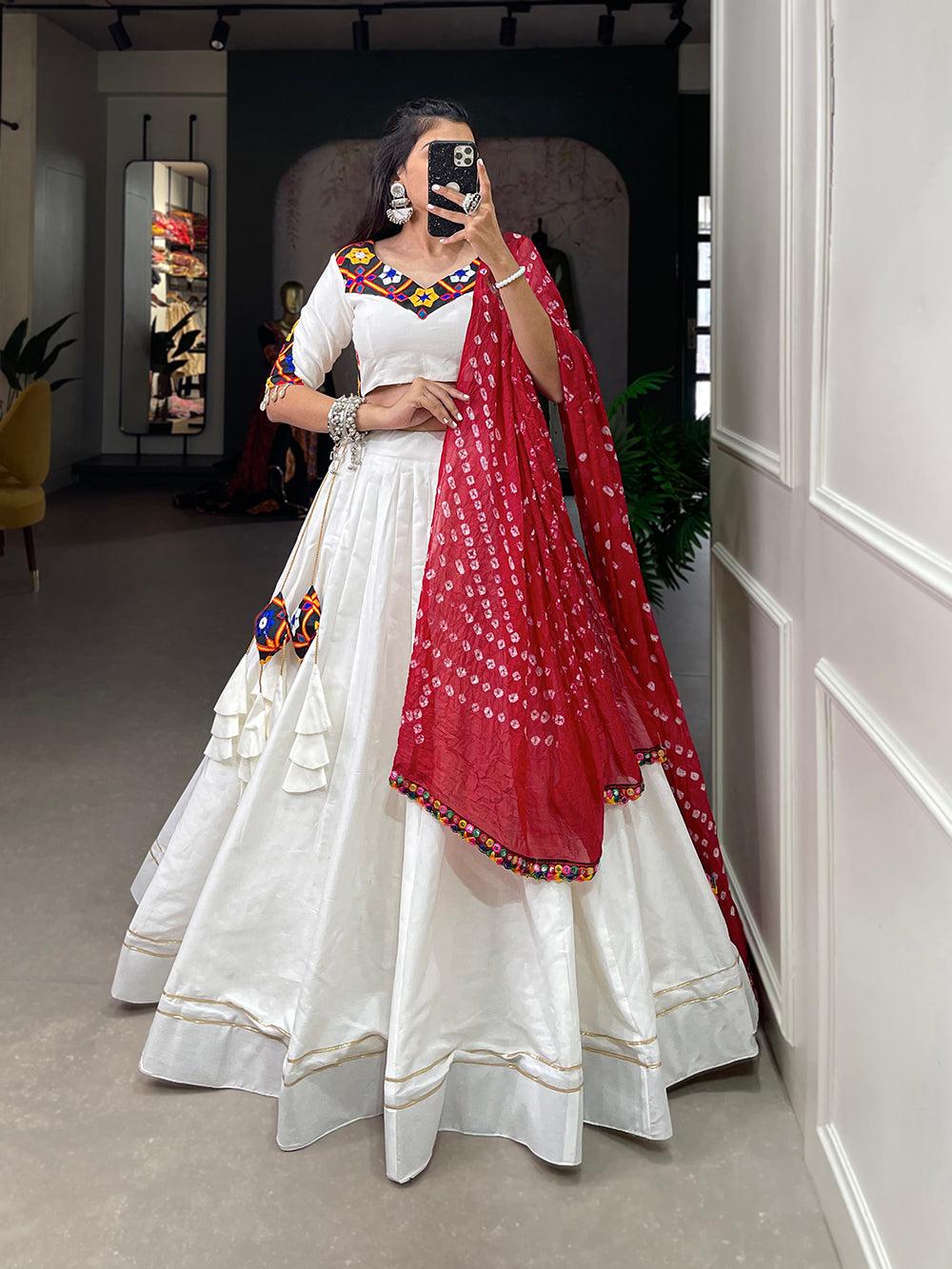 White Color Plain With Gotta Patti Lace Border Cotton Lehenga Choli ClothsVilla.com