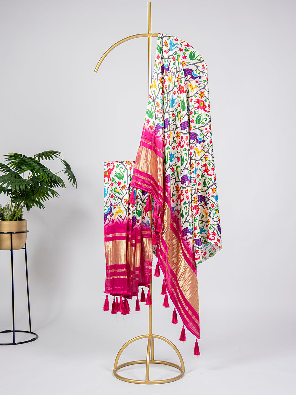 White Color Digital Printed Pure Gaji Silk Dupatta With Tassels Clothsvilla