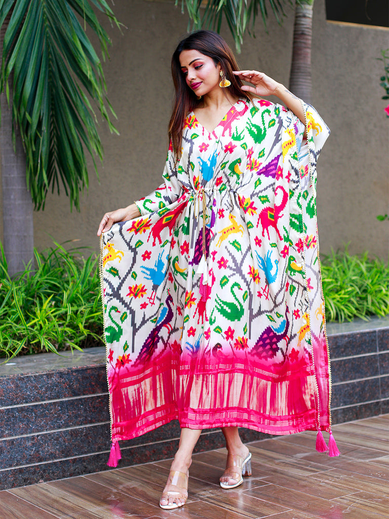 White Color Digital Bandhej Print Pure Gaji Silk Kaftan Clothsvilla