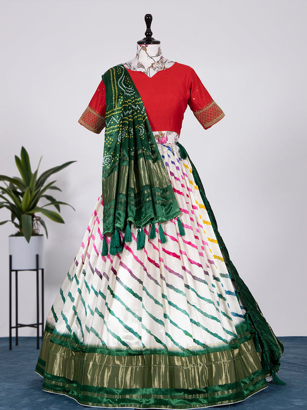 White Color Digital Bandhej Print Pure Gaji Silk Lehenga Choli Clothsvilla