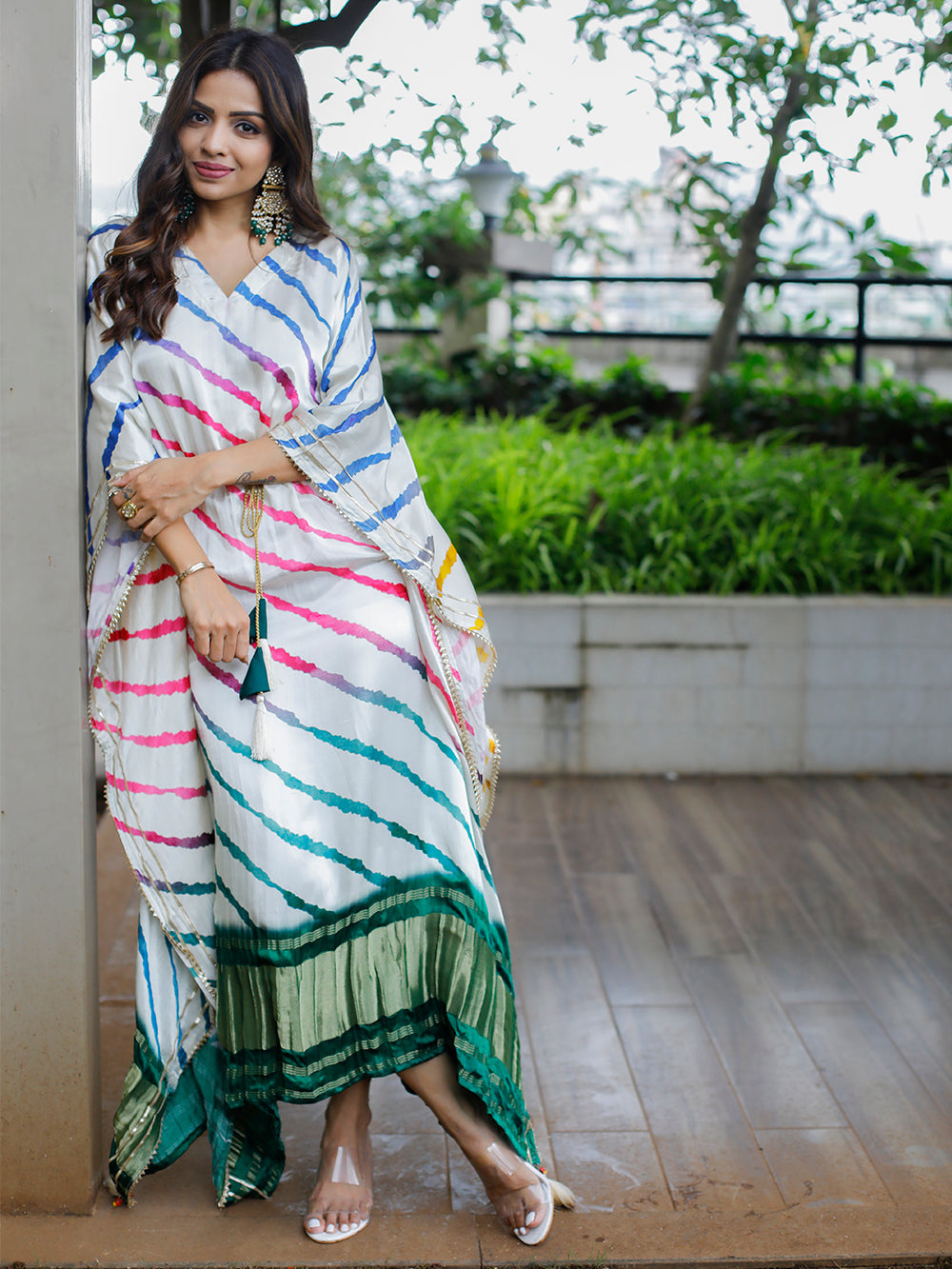 White Color Digital Bandhej Printed Pure Gaji Silk Kaftan Clothsvilla