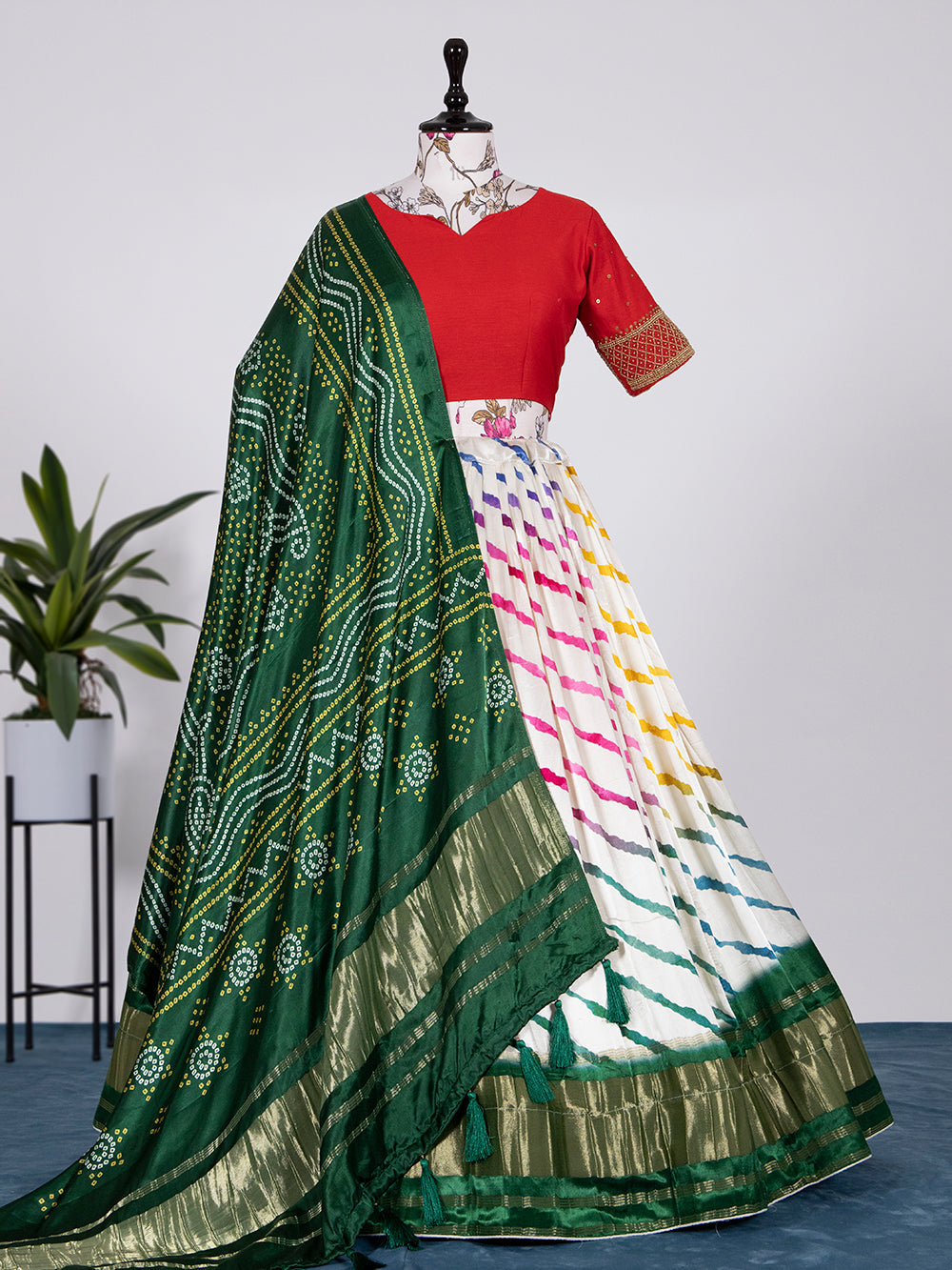White Color Digital Bandhej Print Pure Gaji Silk Lehenga Choli Clothsvilla