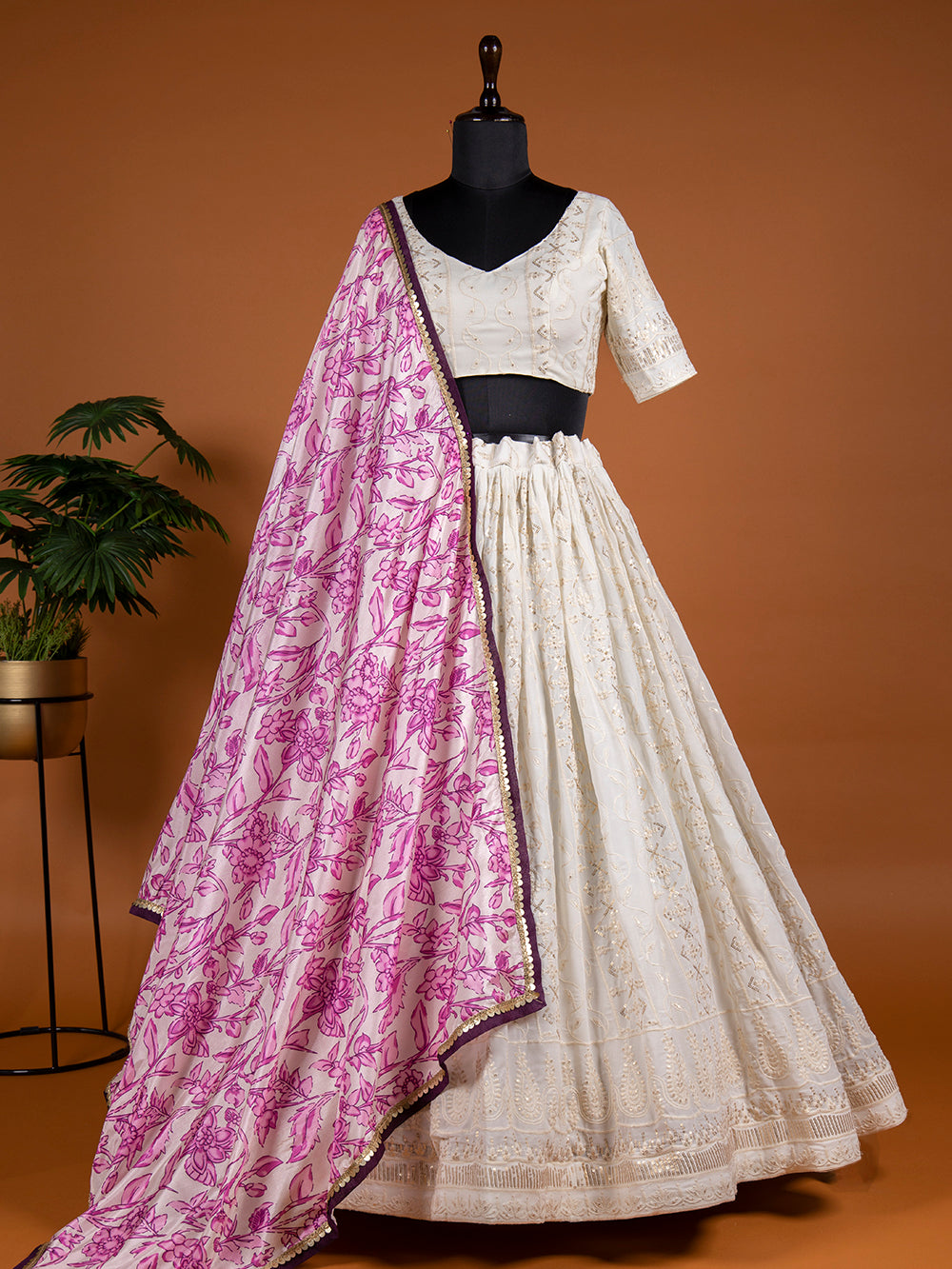 White Color Sequins And Thread Embroidery Work Georgette Lehenga Choli Clothsvilla