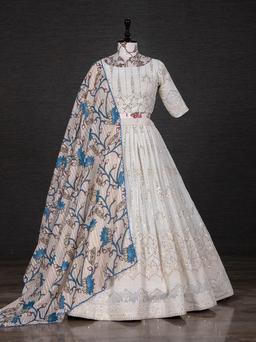 White Color Sequins And Thread Embroidery Work Georgette Lehenga Choli Clothsvilla