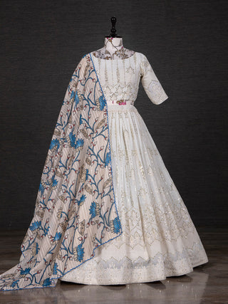 White Color Sequins And Thread Embroidery Work Georgette Lehenga Choli Clothsvilla