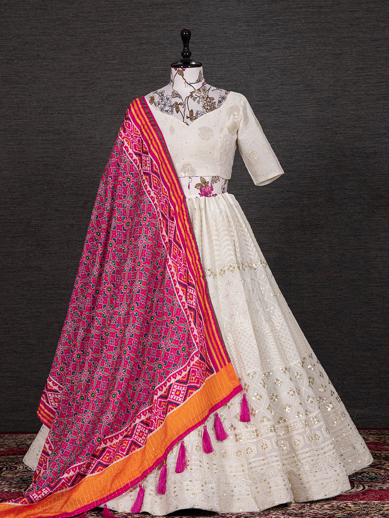White Color Sequins And Thread Embroidery Work Georgette Lehenga Choli With Chinon Dupatta Clothsvilla