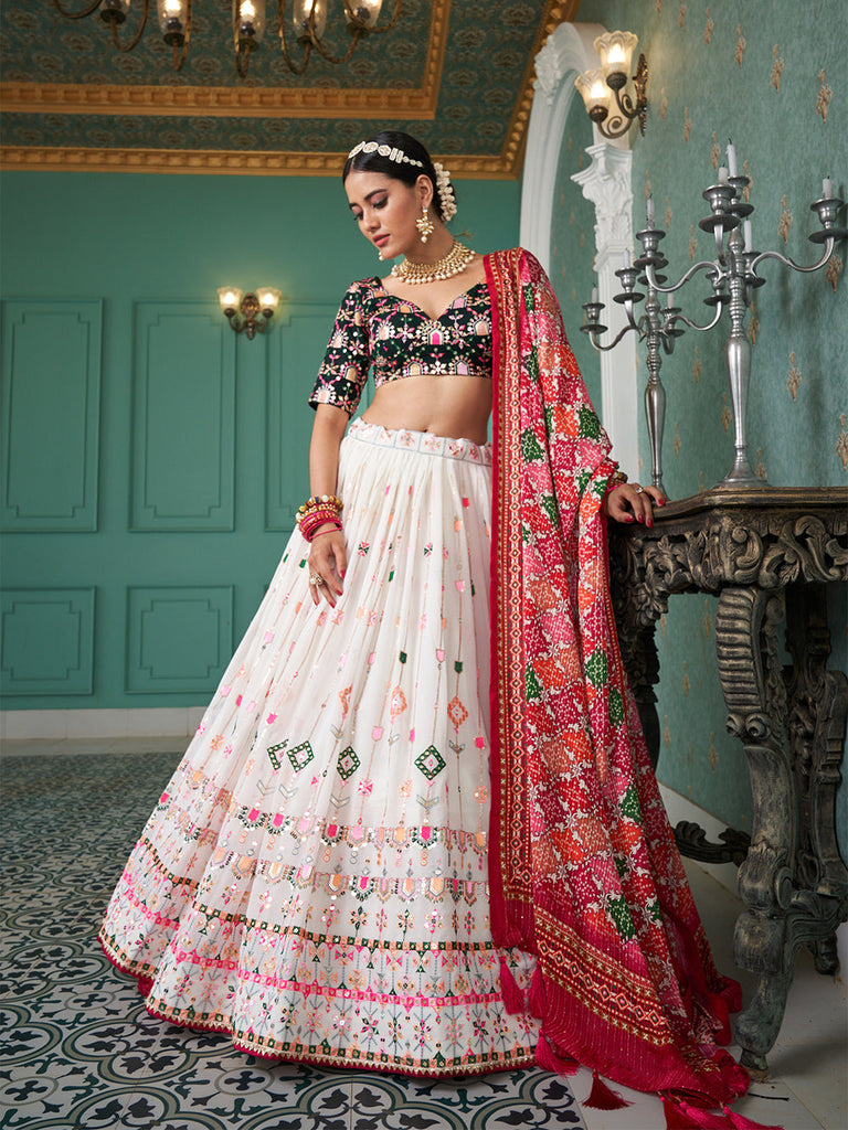 White Color Thread And Sequins Embroidery Work Georgette Lehenga Choli Clothsvilla