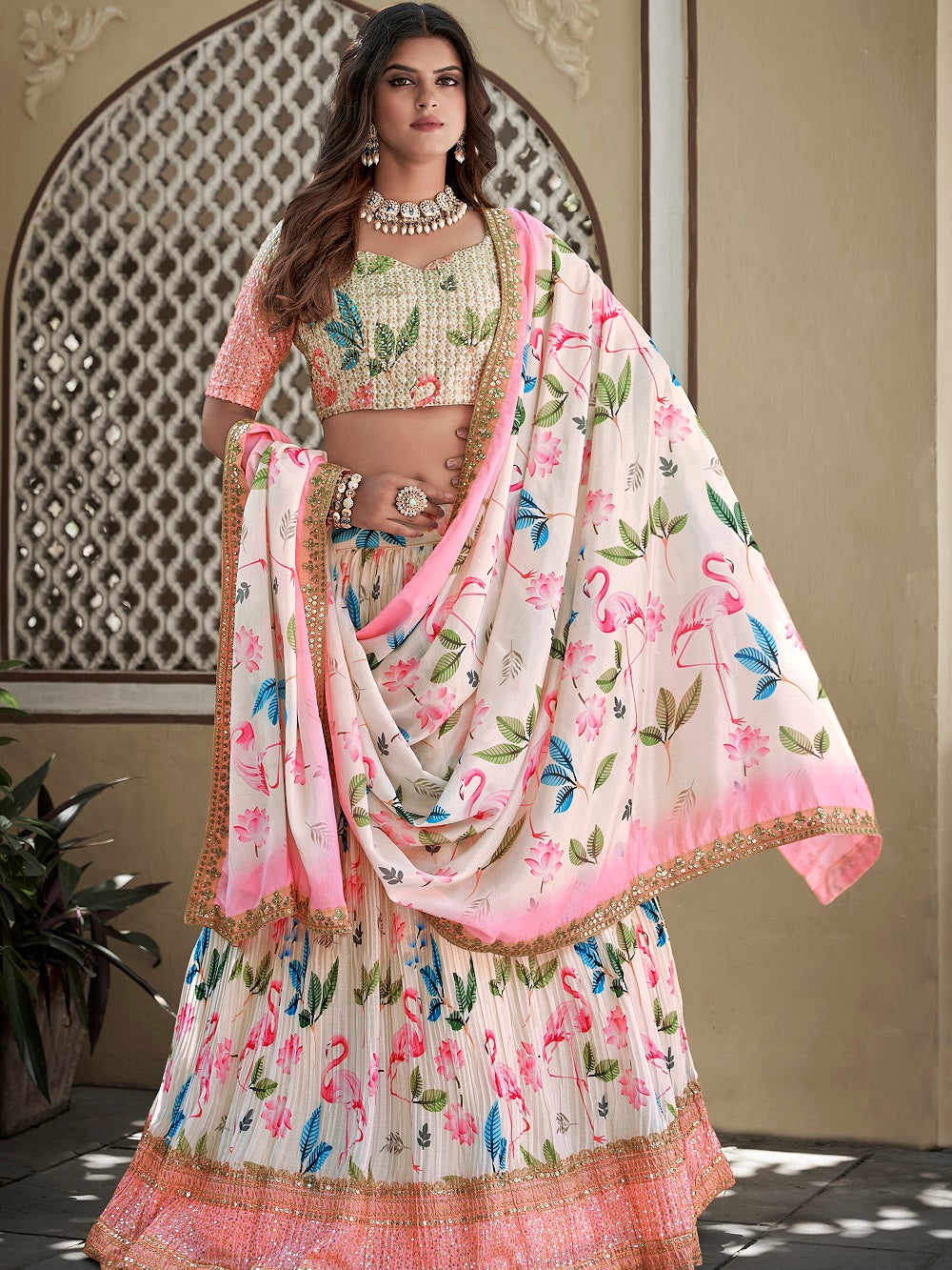 White Color Digital Print With Sequins Embroidery Work Crushed Chinon Lehenga Choli ClothsVilla.com