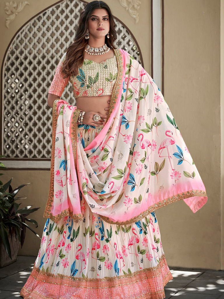 White Color Digital Print With Sequins Embroidery Work Crushed Chinon Lehenga Choli ClothsVilla.com