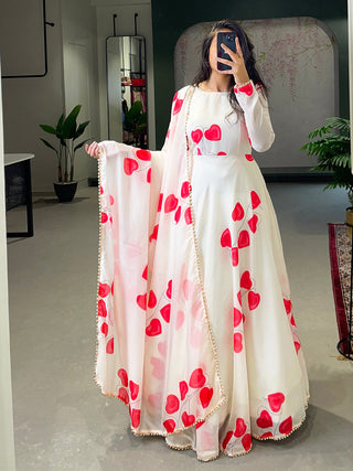 White Color Digital Printed Tabby Silk Gown Clothsvilla
