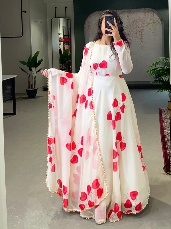 White Color Digital Printed Tabby Silk Gown Clothsvilla