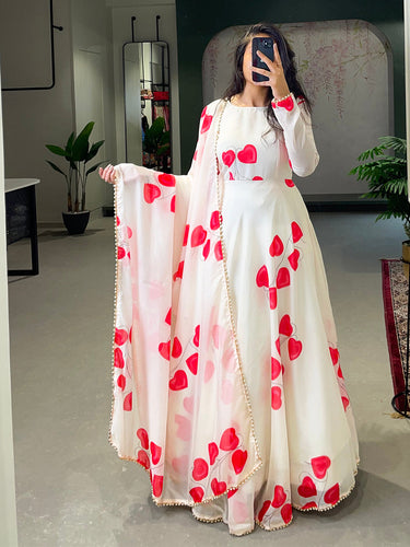 White Color Digital Printed Tabby Silk Gown Clothsvilla