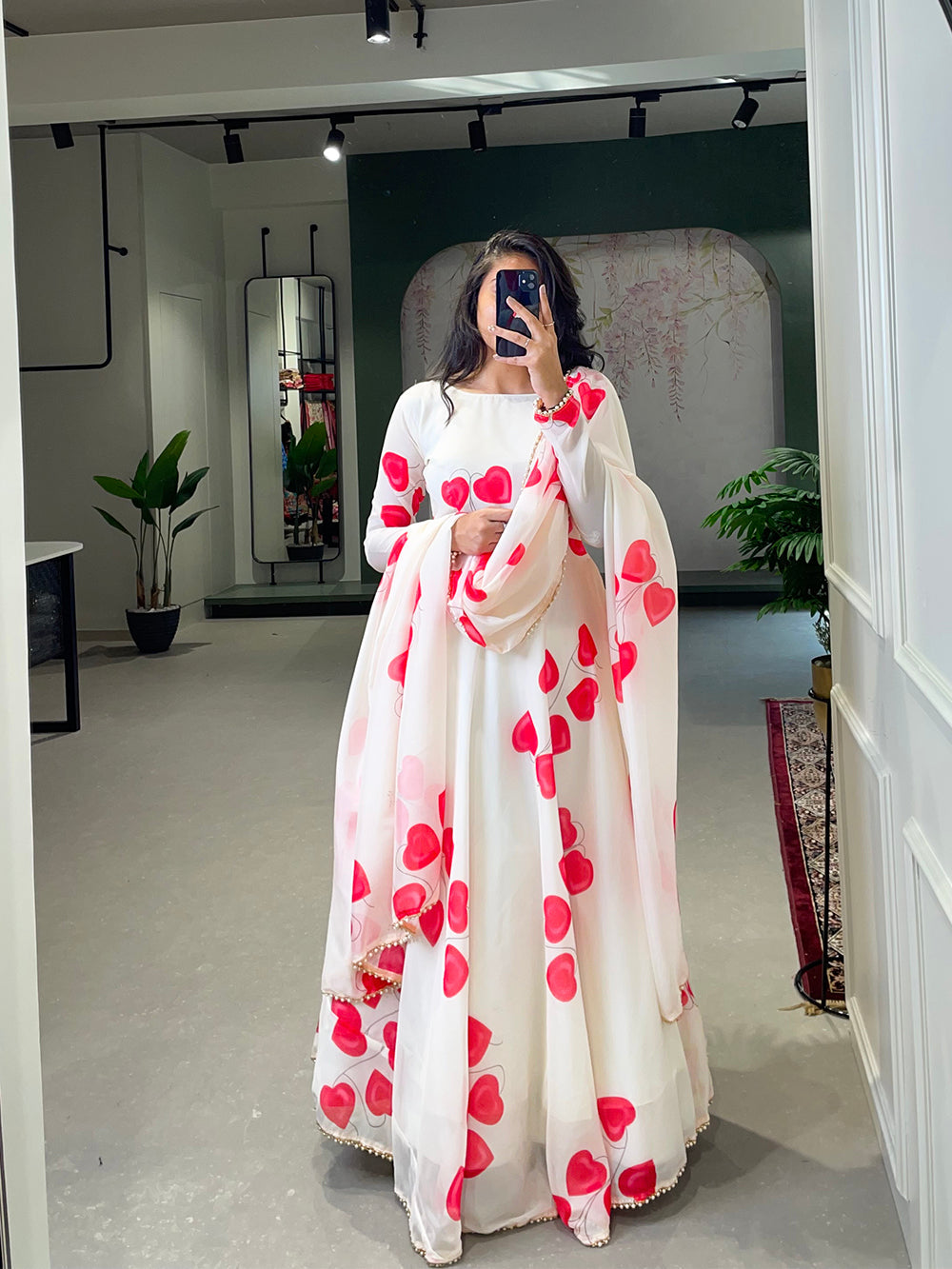 White Color Digital Printed Tabby Silk Gown Clothsvilla