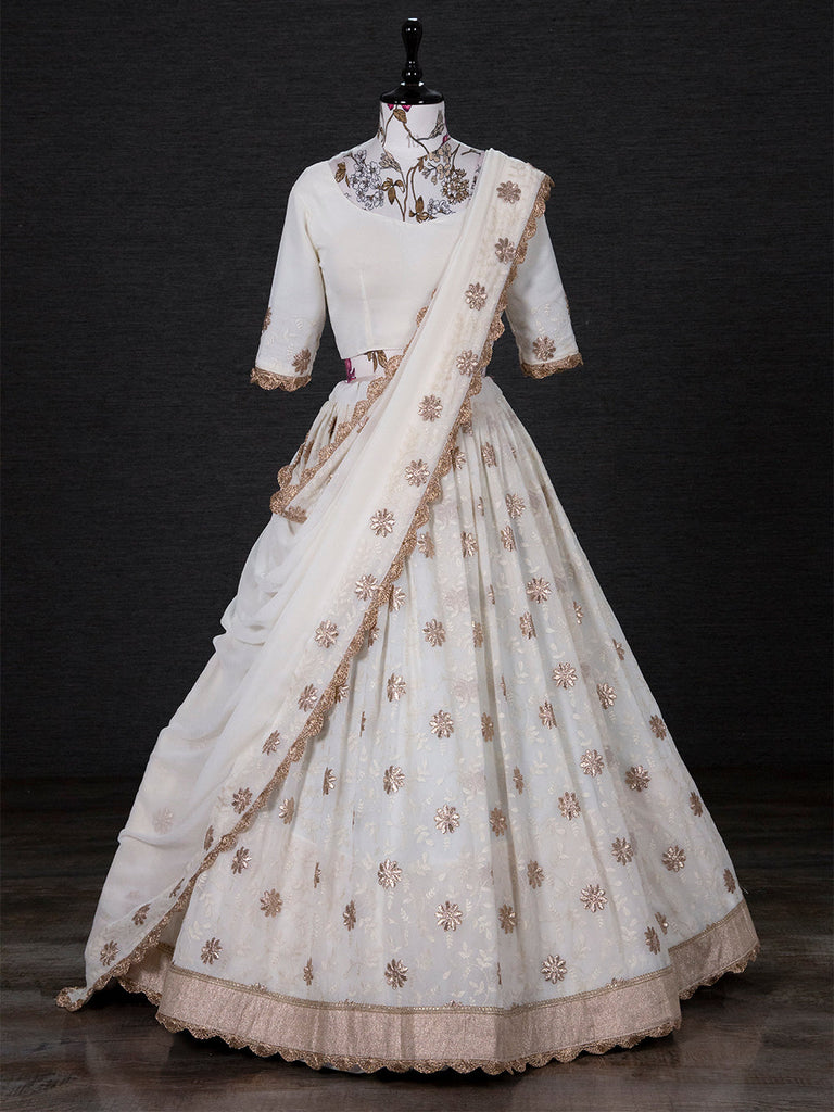 White Color Thread Embroidery Work Georgette South Indian Lehenga Choli Clothsvilla