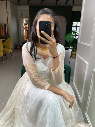 White Color Zari Weaving Work Organza Chex Gown Clothsvilla