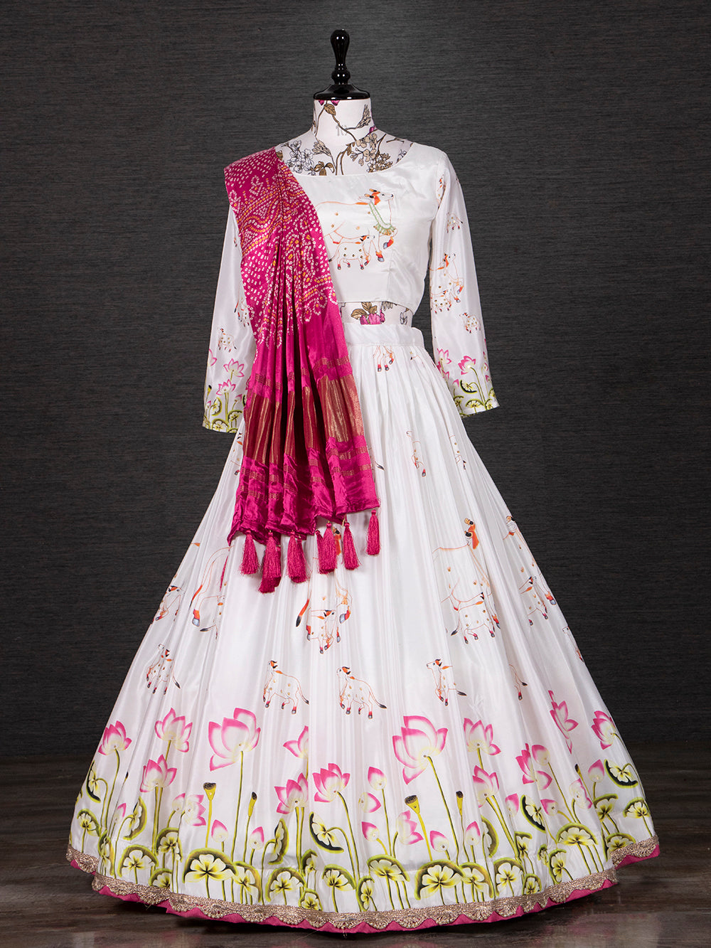 White Color Digital Printed Silk Lehenga Choli Set Clothsvilla