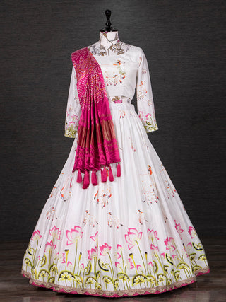 White Color Digital Printed Silk Lehenga Choli Set Clothsvilla