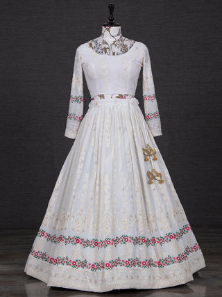 White Color Lucknowi Embroidery Work Georgette Lehenga Set With Gaji Silk Dupatta Clothsvilla
