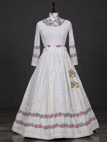 White Color Lucknowi Embroidery Work Georgette Lehenga Set With Gaji Silk Dupatta Clothsvilla
