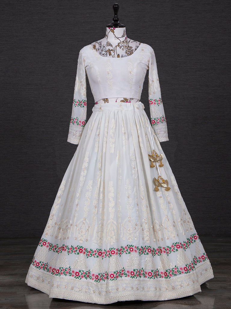 White Color Lucknowi Embroidery Work Georgette Lehenga Set Clothsvilla