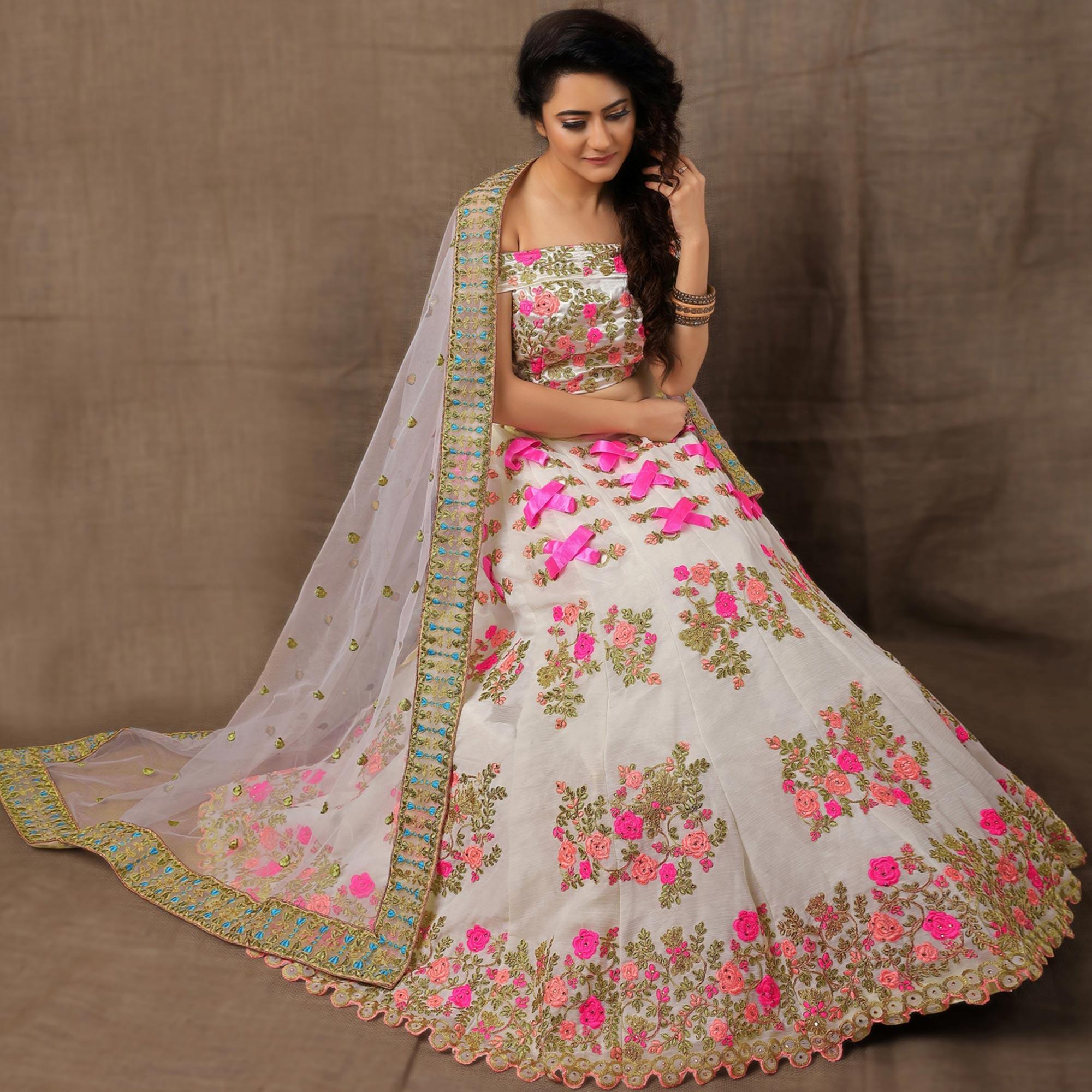 White Party Wear Embroidered Silk Lehenga Choli Clothsvilla