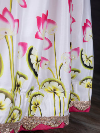 White Color Printed Silk Half Saree Set With Pethani Dupatta Clothsvilla