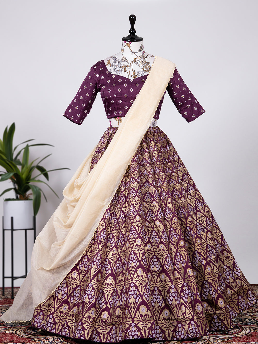 Wine Color Aada Slub Silk Foil Printed Lehenga Choli With Chanderi Dupatta Clothsvilla