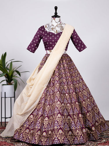 Wine Color Aada Slub Silk Foil Printed Lehenga Choli With Chanderi Dupatta Clothsvilla