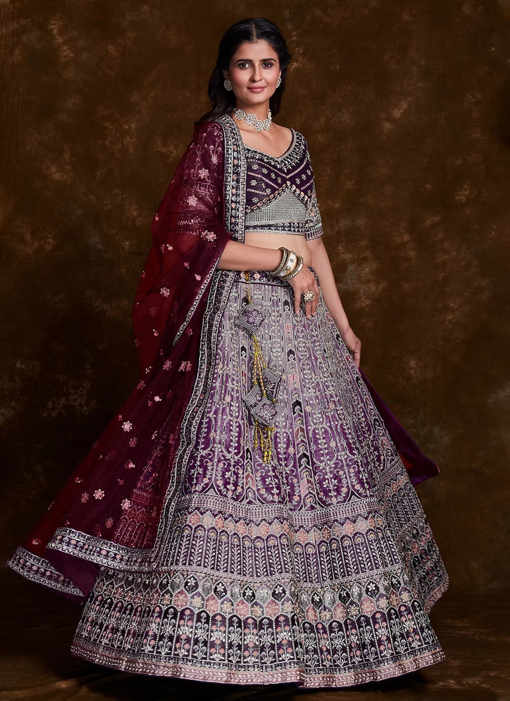 Wine Art Silk Lehenga with Elegant Thread, Zari & Zarkan Work Clothsvilla