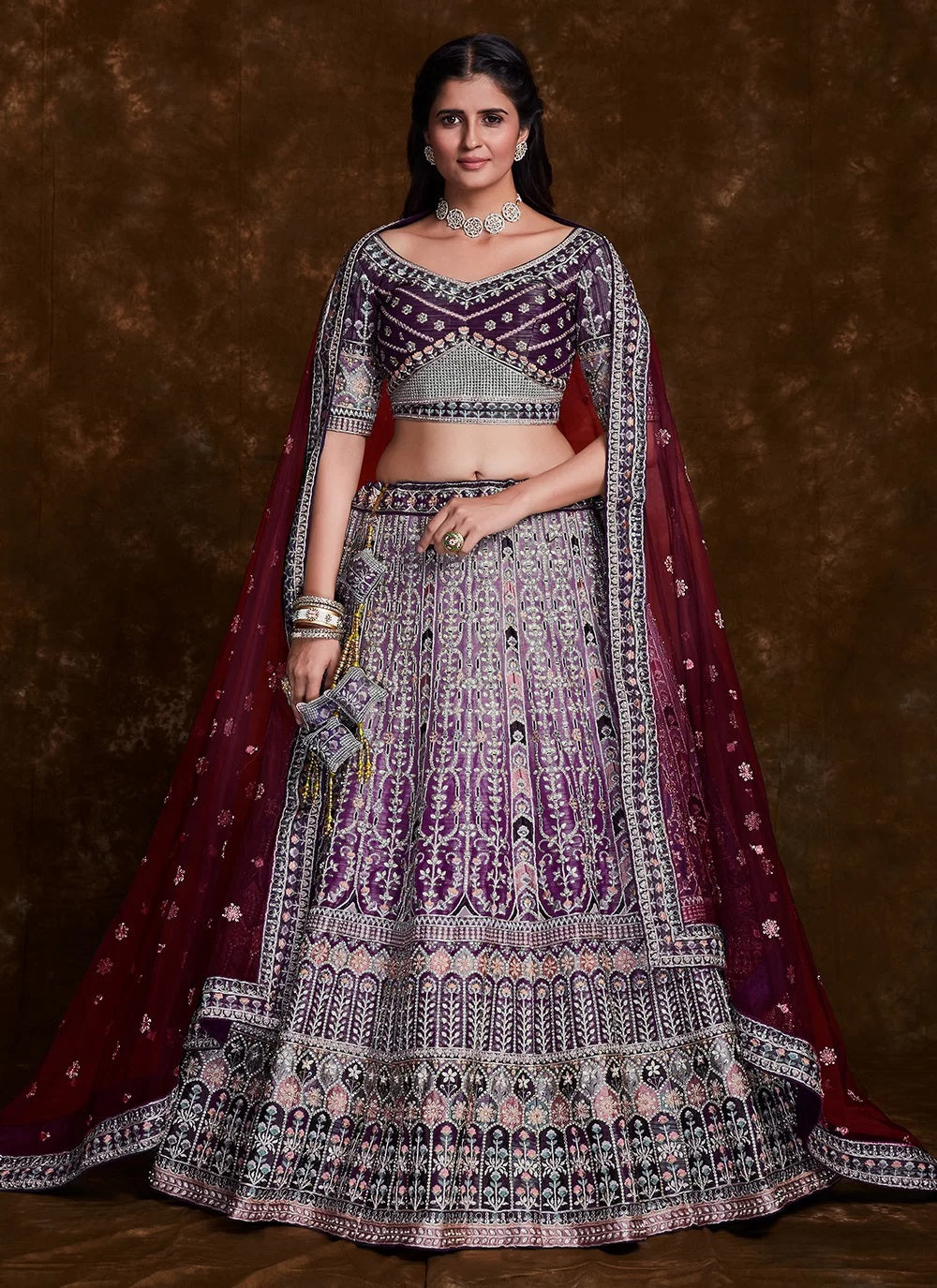 Wine Art Silk Lehenga with Elegant Thread, Zari & Zarkan Work Clothsvilla