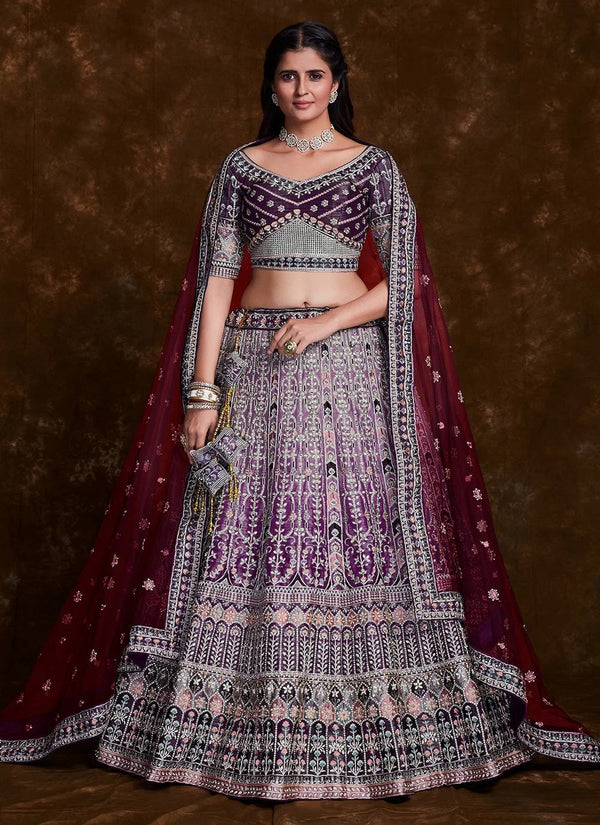 Wine Art Silk Lehenga with Elegant Thread, Zari & Zarkan Work Clothsvilla