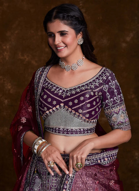 Wine Art Silk Lehenga with Elegant Thread, Zari & Zarkan Work Clothsvilla Main image