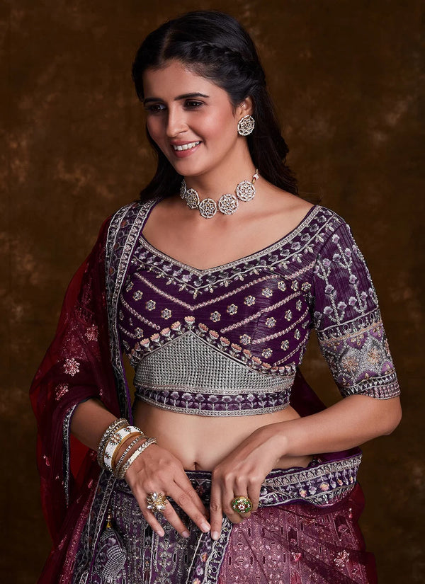 Wine Art Silk Lehenga with Elegant Thread, Zari & Zarkan Work Clothsvilla