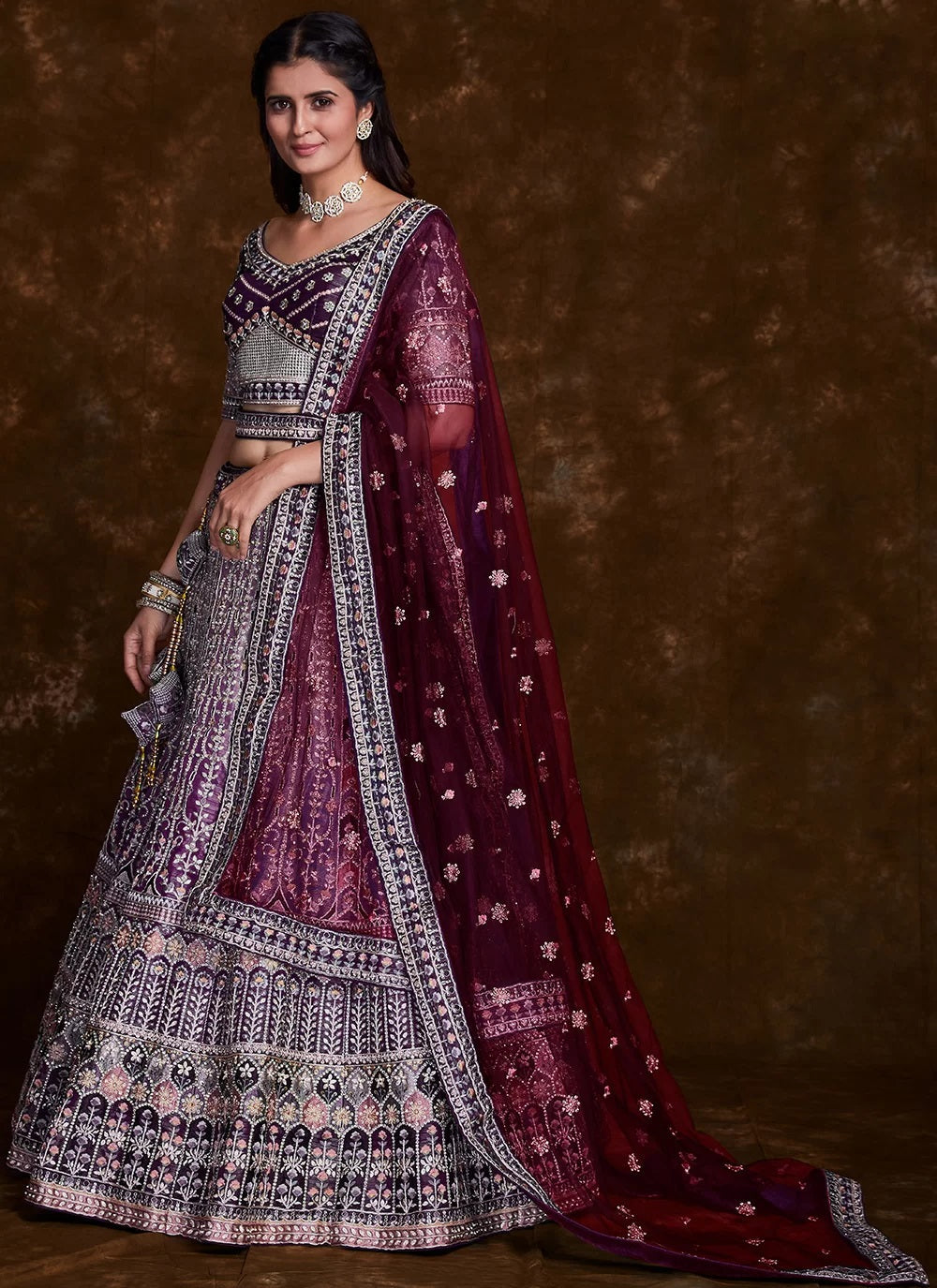 Wine Art Silk Lehenga with Elegant Thread, Zari & Zarkan Work Clothsvilla