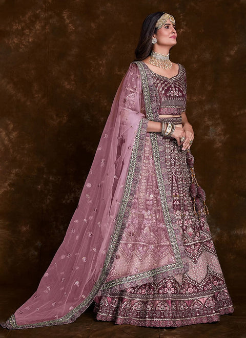 Wine Art Silk Thread, Zari, Sequins & Zarkan Work Bridal Lehenga Clothsvilla Main image