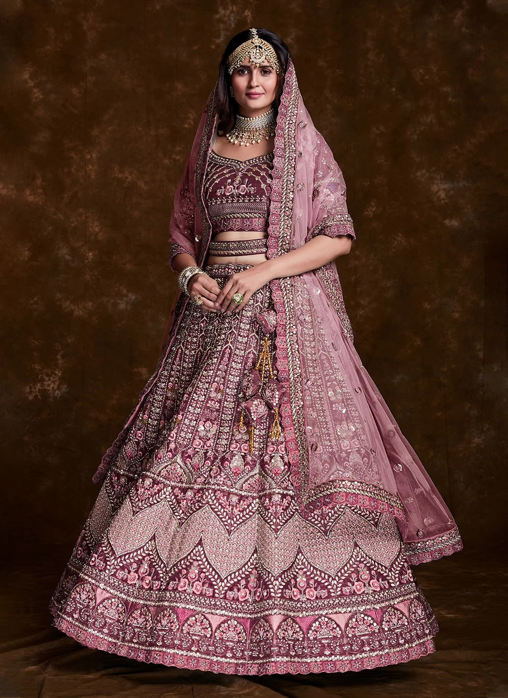 Wine Art Silk Thread, Zari, Sequins & Zarkan Work Bridal Lehenga Clothsvilla
