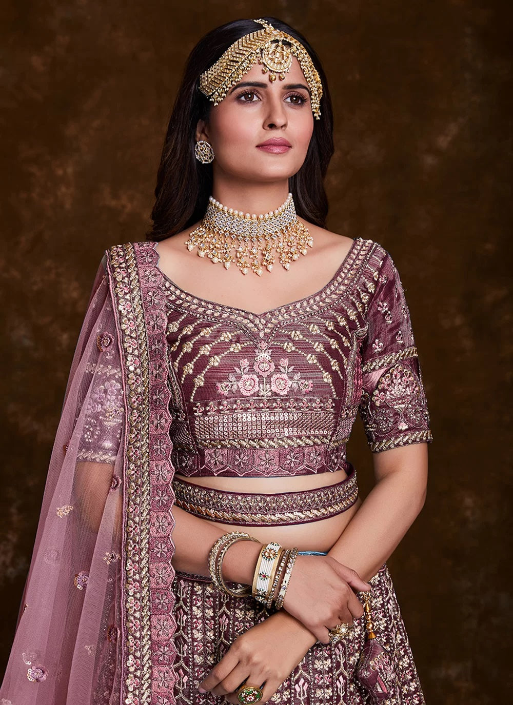 Wine Art Silk Thread, Zari, Sequins & Zarkan Work Bridal Lehenga Clothsvilla