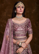 Load image into Gallery viewer, Wine Art Silk Thread, Zari, Sequins &amp; Zarkan Work Bridal Lehenga Clothsvilla