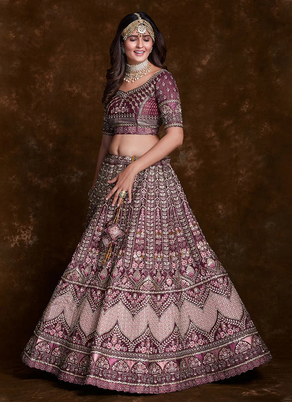 Wine Art Silk Thread, Zari, Sequins & Zarkan Work Bridal Lehenga Clothsvilla