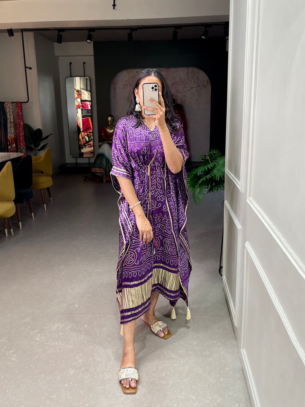 Wine Color Bandhej Print With Gotta Patti Lace Border Gaji Silk Kaftan ClothsVilla.com