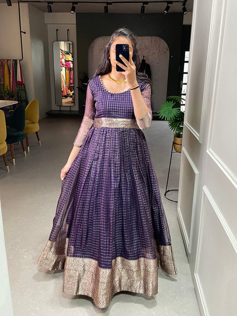 Wine Color Zari Weaving Work Organza Chex Gown Clothsvilla Main image